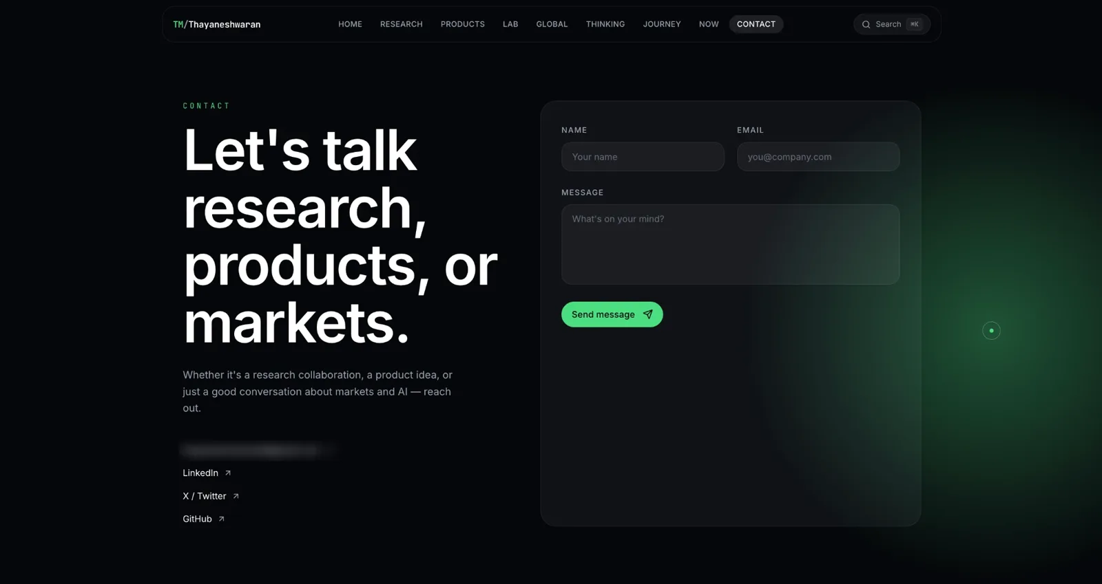 Portfolio contact page with a message form and links