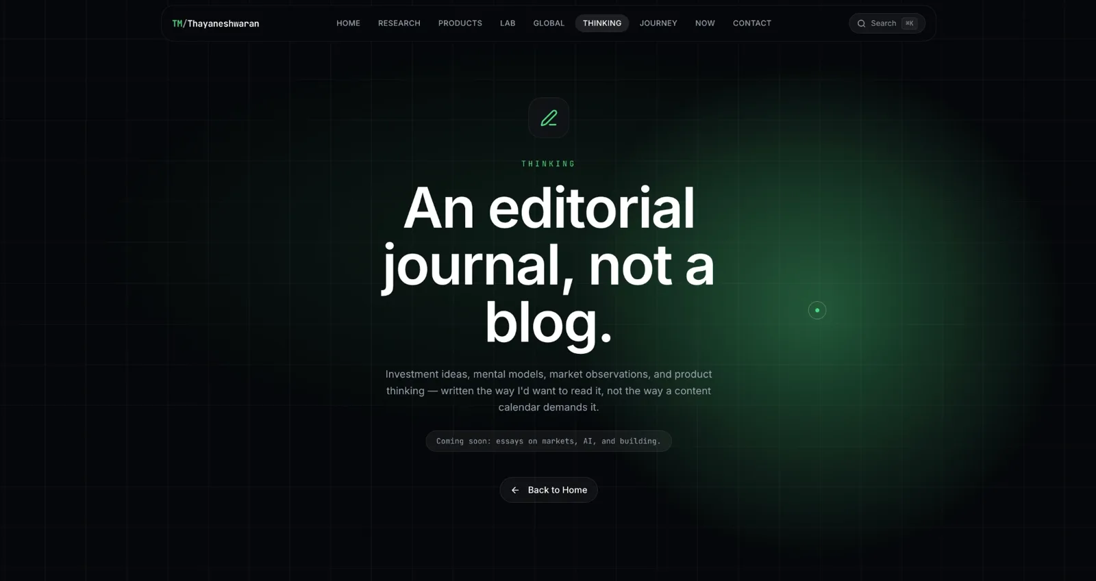 Portfolio writing page with a centred headline and a coming-soon note